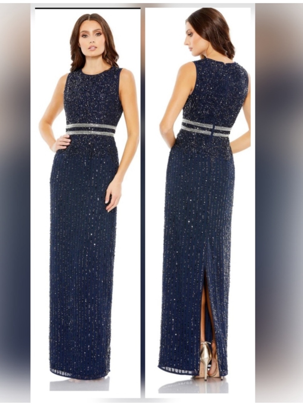 Mac Duggal New Navy Blue Stunning Beaded Sequin Sleeveless Gown Size 8